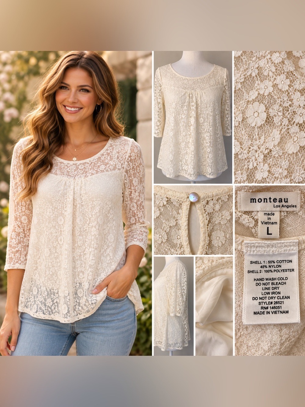MONTEAU Los Angeles Romantic Cream Floral Lace Blouse – Size Large